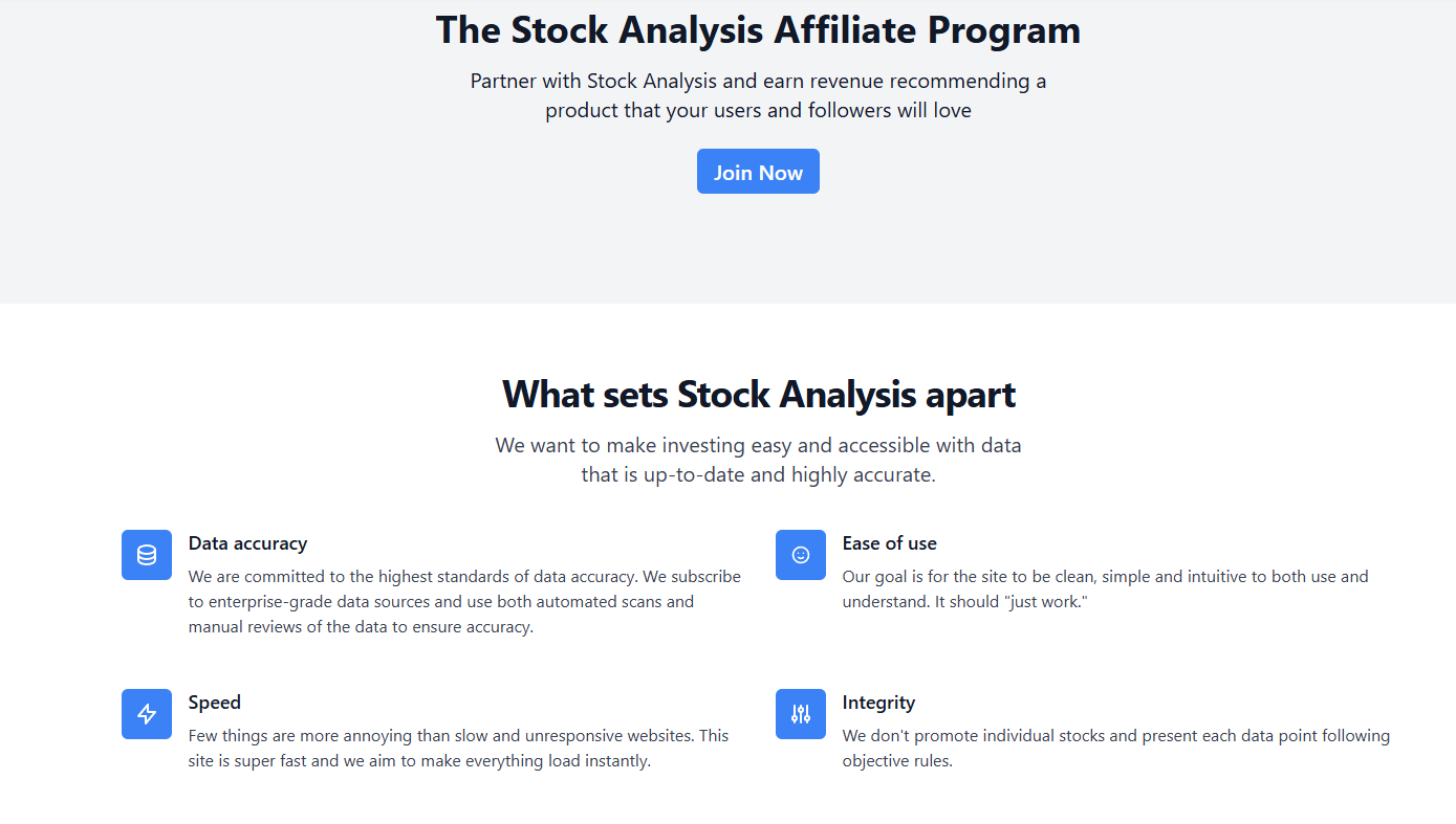 A promotional graphic for the StockAnalysis.us affiliate program, showing data and profit symbols.